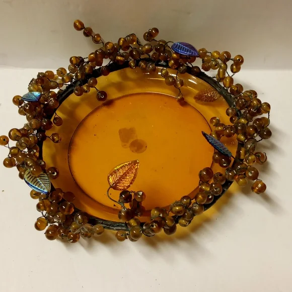 Vintage Glass Candy Dish Amber Metal Rim Wired Glass Beads Irridescent Leaves